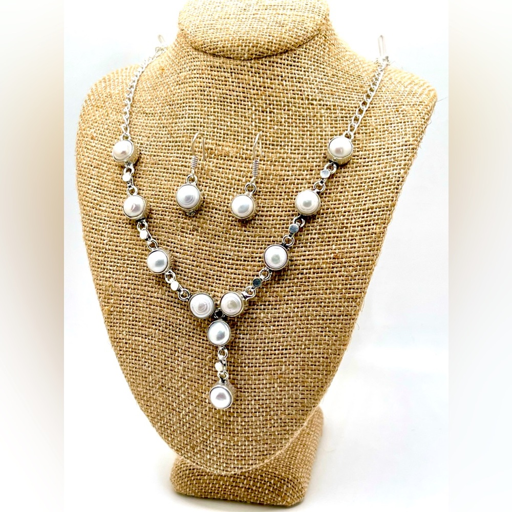 Pearly White Biwa Pearl Necklace & Earrings Set